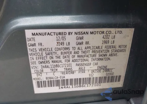 2006 Nissan Altima 2.5 S из США, поврежденный, VIN 1N4AL11D86C172101